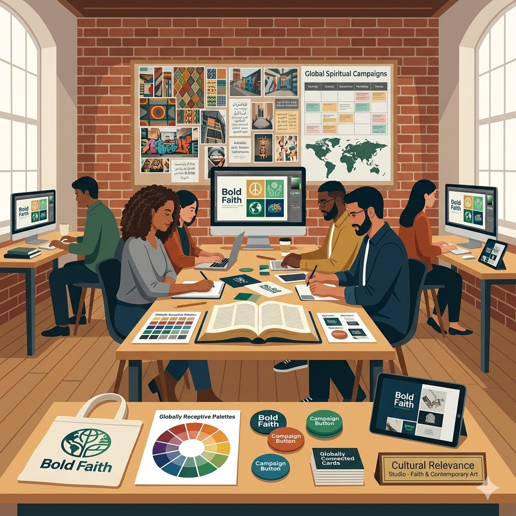 Creative team planning culture-aware Gospel-centered design campaigns.