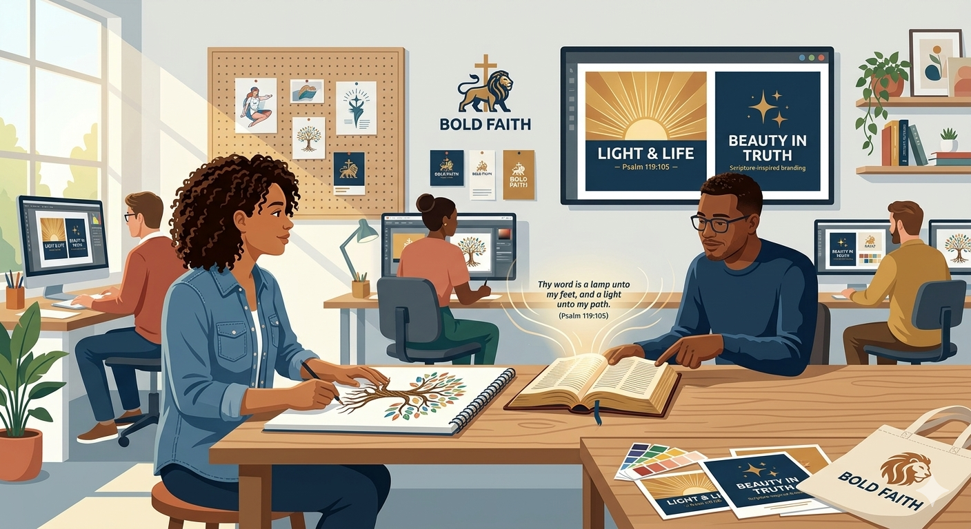 Creative team designing Scripture-inspired campaign visuals.